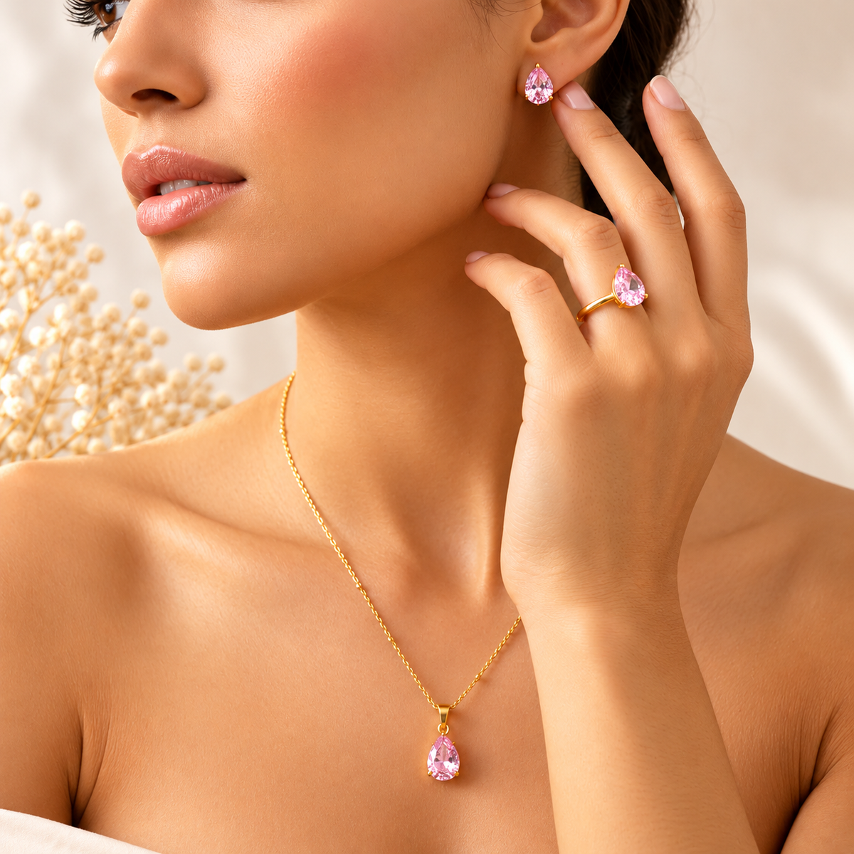 Set Lágrima Rosa | Collar, Aretes y Anillo